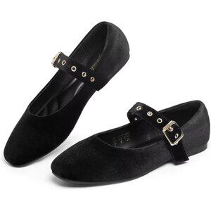 Women Velvet Black Polyurethane (PU) Closed Toe Strap Buckle Ballerina Flats